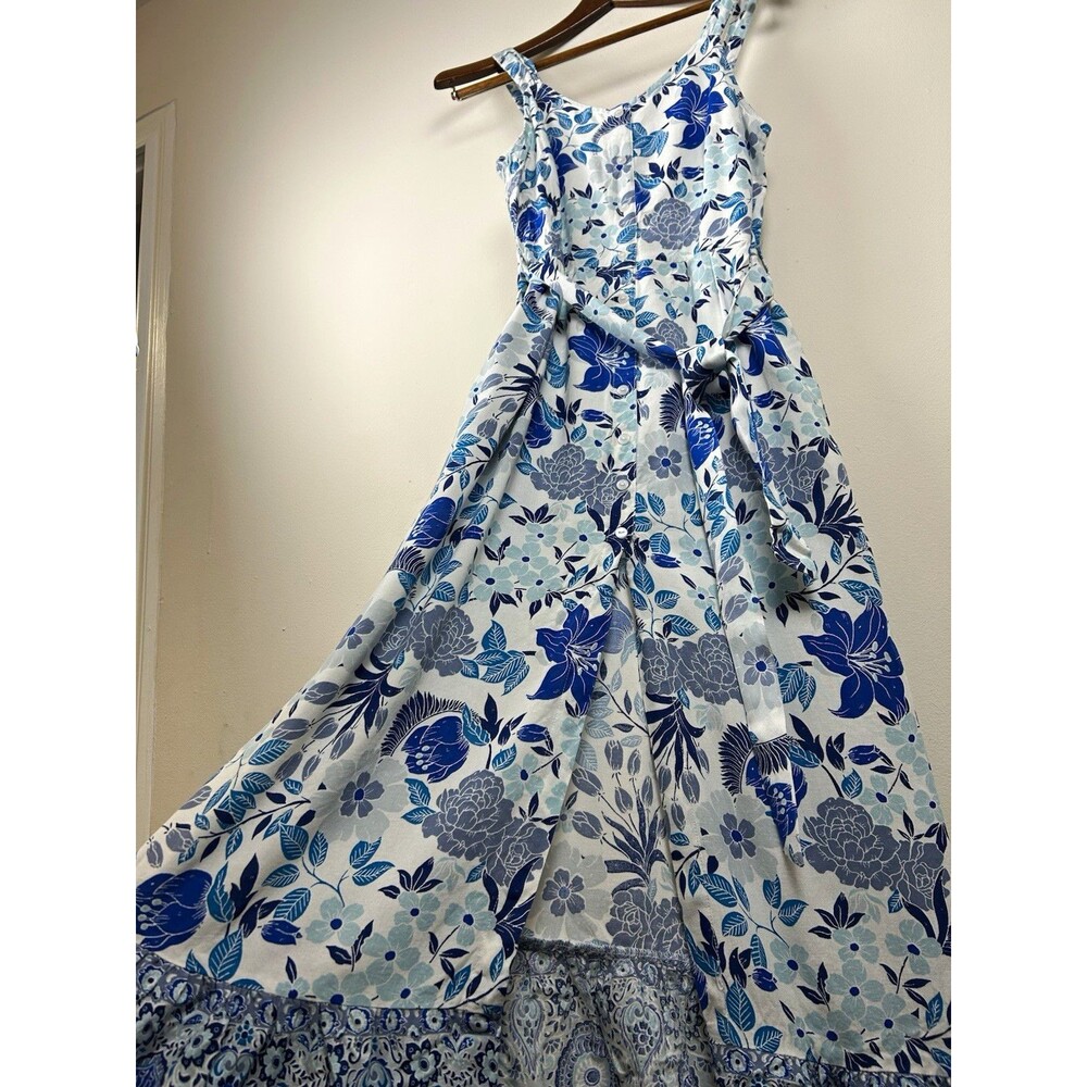 Japna Blue M White Floral Maxi Dress Smocked Rayon Boho Cottagecore Sundress